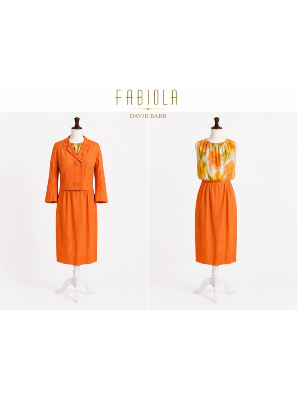 Vintage Fabiola David Barr Silk Dress Set Orange Mod 60s 70s Floral Blouse Skirt